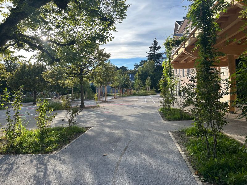 Préau réinventé à l'école de Chêne-Bougeries – végétation grimpante et généreuse