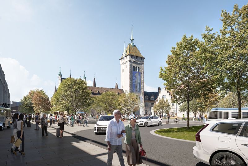 Stadtraum Hauptbahnhof 2050 – Zukunftsbild Nordseite HB und Landesmuseum: Das Landesmuseum atmet auf. Weniger Verkehr, dafür Bäume und sichere Fusswege, auch in die grüne Idylle des Platzspitz. Die Nordseite des Hauptbahnhofs rückt stärker ins Zentrum.  – Dome Visual GmbH, Zug