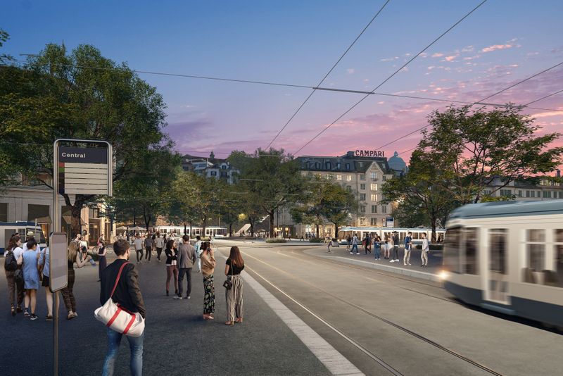 Stadtraum Hauptbahnhof 2050 – Zukunftsbild Bahnhofbrücke und Central: Das Central ist das Tor zum Hochschulquartier. Durch die Verschiebung der Tramhaltestellen auf die Bahnhofbrücke können diese durchgehend hindernisfrei ausgebaut werden. – Dome Visual GmbH, Zug