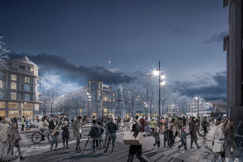 Stadtraum Hauptbahnhof 2050 – Zukunftsbild Bahnhofplatz bei Nacht: Einer der bekanntesten und am stärksten frequentierten Plätze der Schweiz in neuer urbaner Qualität. – Atelier Brunecky, Zürich