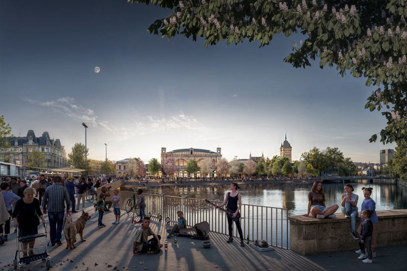 Stadtraum Hauptbahnhof 2050 – Zukunftsbild Bahnhofquai: Wo die Autos abtauchen, entsteht am Bahnhofquai ein grünes Band für Fussgänger*innen, Trams, Velos - ein zentraler Park mit Wasseranschluss – Atelier Brunecky, Zürich