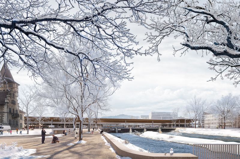 Stadtraum Hauptbahnhof 2050 – Zukunftsbild Platzspitz und Zollbrücke: Vom Platzspitz führt ein direkter Zugang zu den Tiefbahnhöfen und zum ShopVille. Ein reibungsloses Nebeneinander von Fuss- und Veloverkehr mit der neuen Haltestelle auf der Zollbrücke. – Atelier Brunecky, Zürich