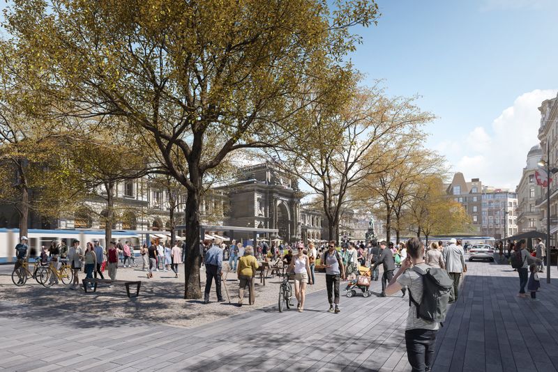 Stadtraum Hauptbahnhof 2050 – Zukunftsbild Bahnhofplatz: Der Bahnhofplatz ist eine Visitenkarte von Zürich. Der Platz ist grosszügig, atmet frei. Vortritt für Menschen zu Fuss. Bäume, Luft, Raum zum Verweilen. – Dome Visual GmbH, Zug