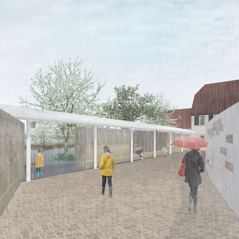 Arealgestaltung Mariastein – Ein Klosterplatz als Gastgeber – Die Aussenpassage mit Trasskalkmauer als Fortführung der Klostermauer; mit Blick zur St.-Anna-Kapelle und als kontemplativer Vorraum für die Gnadenkapelle – Atelier Ehrenklau Hemmerling GmbH