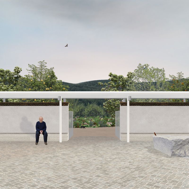 Arealgestaltung Mariastein – Ein Klosterplatz als Gastgeber – Der Blick zum Klostergarten: Behutsames Öffnen der Klostermauer, Ergänzung um Trasskalkbänke, Leichtbaudach und wiederverwendetes Tor – Atelier Ehrenklau Hemmerling GmbH